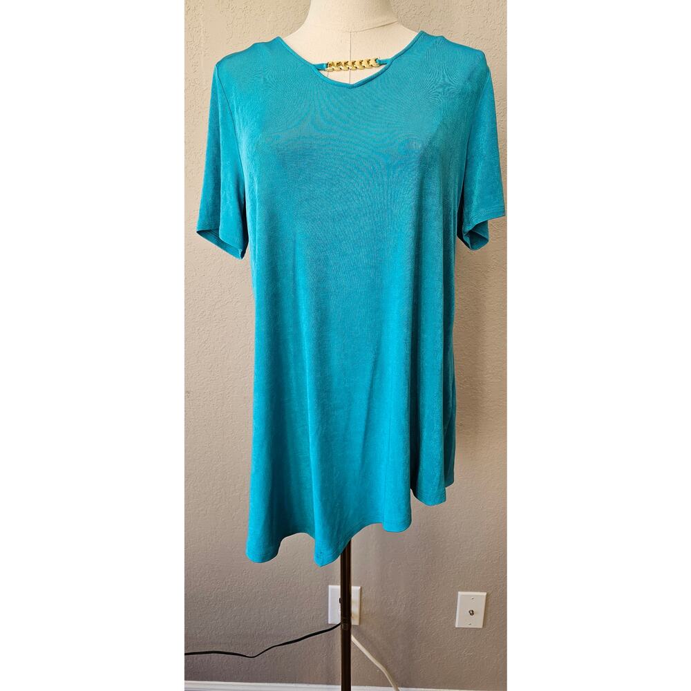 Chico's Travelers Asymmetrical Hem V-Neck‎ Tunic Top Women Size M Blue Pullover